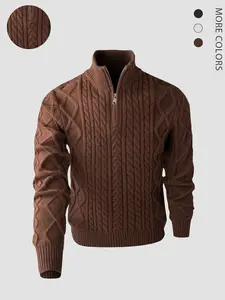 Men's Vintage Half-Zip High Neck Sweater, Regular Size Plain Chunky Knit Pullover, Colorblock Pattern, Fall & Winter Essential