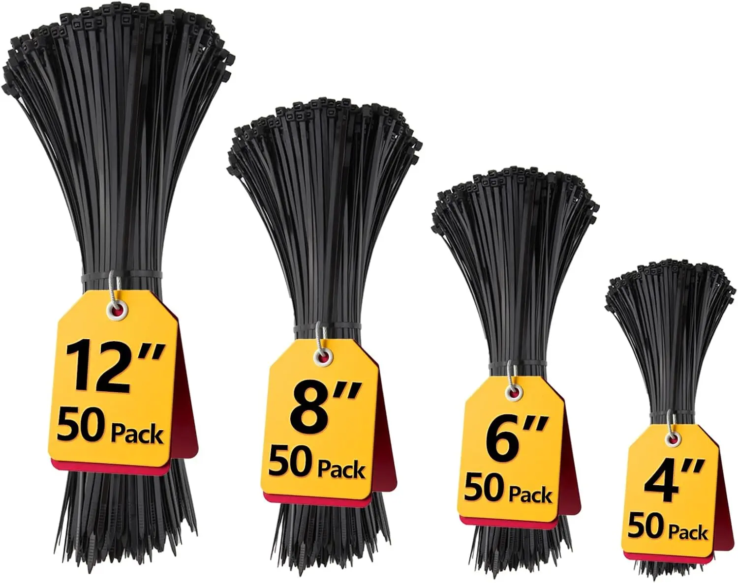 Black Zip Ties Assorted 12+8+6+4 inch, 200 Pack, Cable Ties, UV Resistant Wire Ties for Outdoor Use,Tie Straps