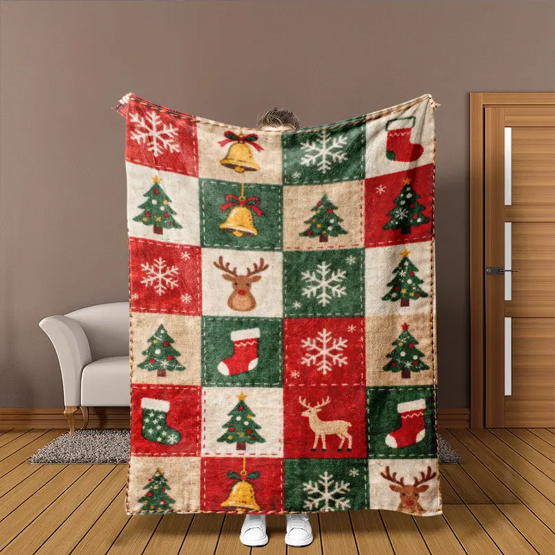 Super-Soft Christmas Tree Printed Flannel Blanket - All-Season, Machine Washable, Ideal for Bed & Sofa, Perfect Holiday Gift