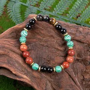Malachite & Red Tiger Eye Mixed Natural Stone Bracelet,Prosperity Abundance Wealth Attraction Design,Unisex Healing Crystal Accessory For Family & Friend Holiday Gift