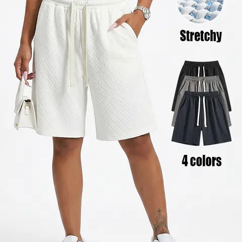 Womens Basic Solid Color Baggy Bermuda Sweat Shorts for Unisex, Jacquard Textured Fabric, Loose Fit, High Waist, Casual Fashion Lightweight Breathable Comfortable Shorts for Running Gym Workout