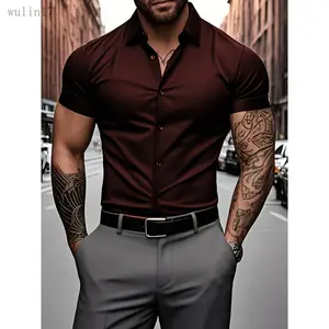 Men'S Muscle Fit Short Sleeve Dress Shirt, Solid Color Polyester 96% Spandex 4% Stretch, Woven Fabric, Lapel Collar, Button Detail, Work Style, Summer Party Wear, 125g/m² - Adult Menswear Top Business Casual Outfits Shortsleeve Workwear Wetsuit