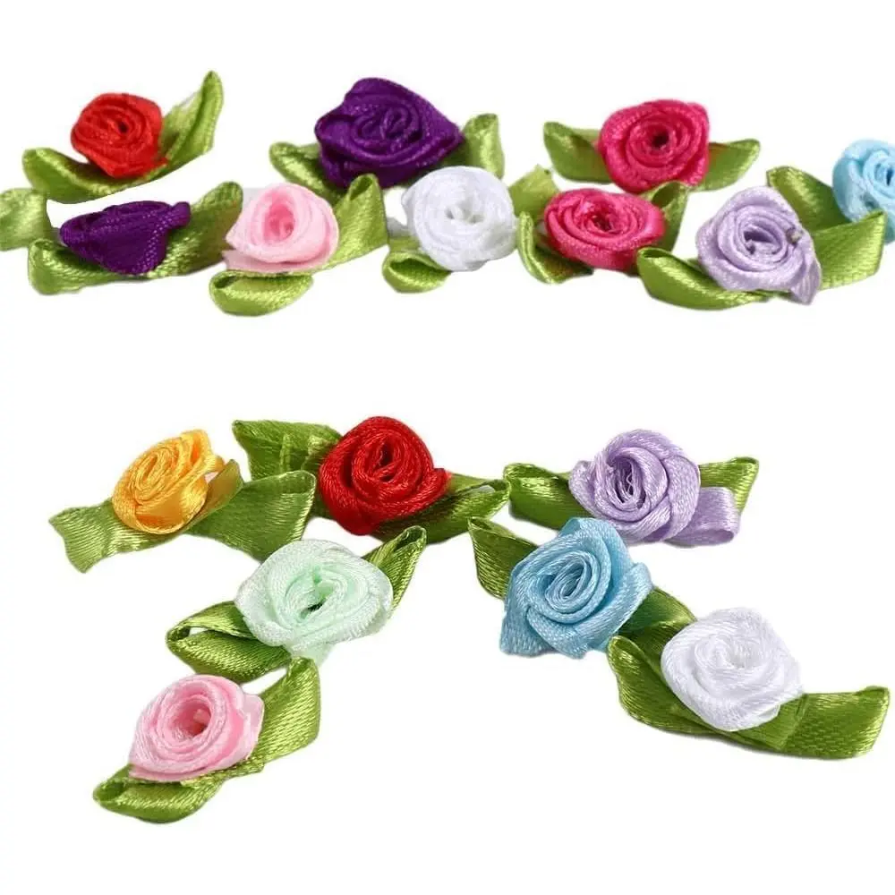 100 count Multicolor Mini Ribbon Rose Flower Ornament, Satin Fabric Rose Buds with Leaves, Mixed Color Roses Sewing Appliques Trim and Embellishments for Jacket Skirt Decor Fabric Ribbons