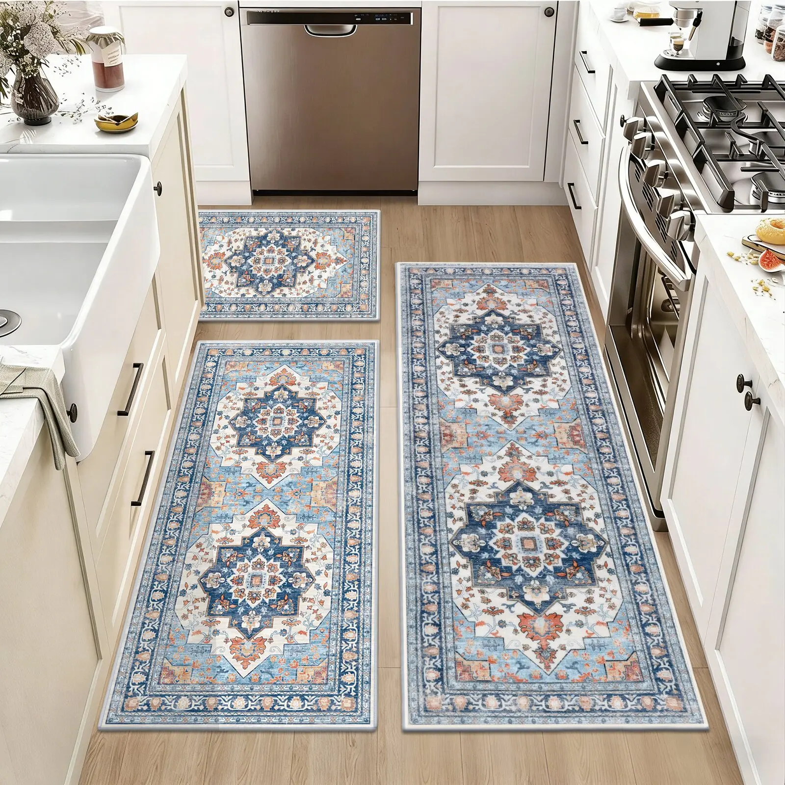 LOKHOM Vintage Kitchen Rug Sets of 3 Soft Non Slip Mats Washable Runner Rugs Farmhouse Rug Vintage Decor Original Family Home Set Bohemian Style 20"x32"+20"x48"+20"x59" Polyester TPR Backing Durable Practical