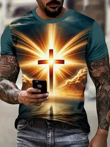 Men's Cross Print Short Sleeve T-Shirt, Fashionable Slim Fit Casual Streetwear Top, Summer Essential Clothing, Comfortable Daily Wear, Menswear