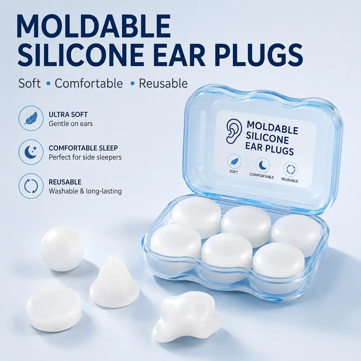 6PCS Unisex Moldable Silicone Swimming Earplugs - Reusable Waterproof Noise-Reducing, Custom Fit with Moldable Shape, Portable Case Included for Swimming, Sleeping, Daily Use