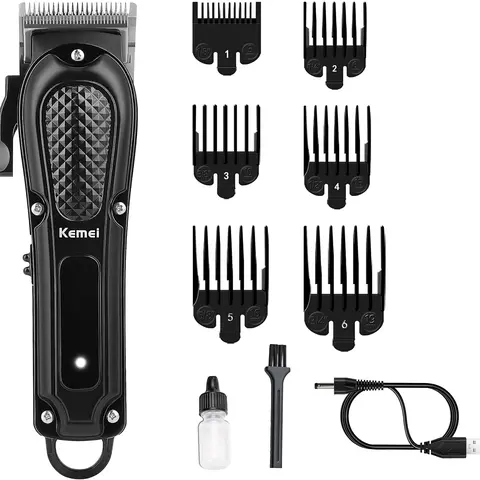 KEMEI Professional Men's Motor-Driven Hair Trimmers & Clippers Kit - Rechargeable Cordless Clippers, Fast-Charging USB/Wired Option, Adjustable Handle, Cordless Barber Trimmer, 6500 RPM, Thick Hair, Brush, Compact Self-Grooming Home Barber Equipment