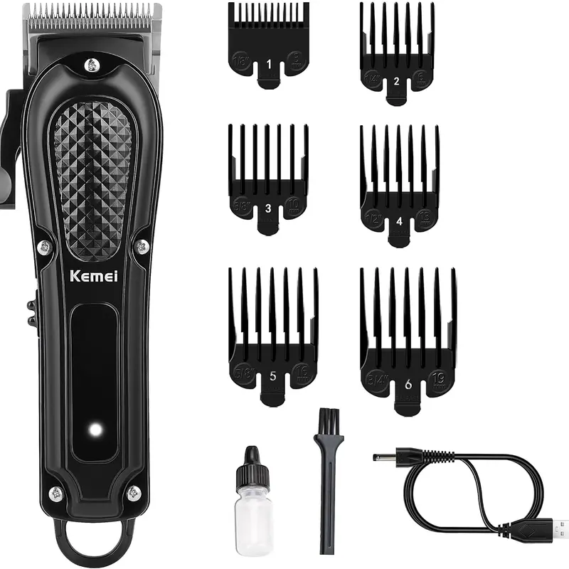 KEMEI Professional Men's Motor-Driven Hair Trimmers & Clippers Kit - Rechargeable Cordless Clippers, Fast-Charging USB/Wired Option, Adjustable Handle, Cordless Barber Trimmer, 6500 RPM, Thick Hair, Brush, Compact Self-Grooming Home Barber Equipment,techv
