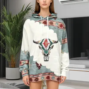 Women's Tribal Bull Head Print Drop Shoulder Hoodie, Boho Casual Drawstring Pocket HoodedSweatshirt for Daily Holiday Outdoor Wear,Bohemian Fashion Women's Clothes for Spring & Fall.Downtown Girl Clothes, Tops sweatshirts halloween