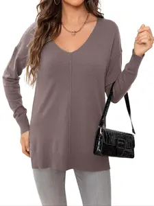 Women's Plain Split Hem V Neck Drop Shoulder Knit Top, Casual Long Sleeve Top for Fall & Winter, Fashion Ladies' Knitwear for Daily Wear