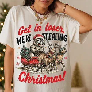 Funny Raccoon Christmas Unisex T-Shirt, Get in Loser We're Stealing Christmas Retro Holiday Cotton Tee, Trendy Sarcastic Xmas Reindeer Sleigh, For Men and Women Menswear Womenswear