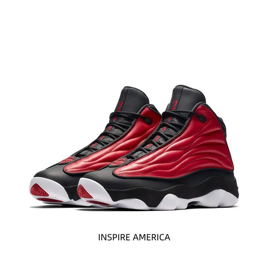 Mid-top retro basketball sneakers feature textured red wavy stitched upper and segmented sole, bold black and red tone brings tough street vibe for daily casual wear.