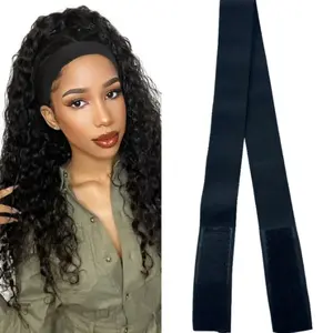 A black headband with adhesive buckles, non sliding wig edge strap, used for hair thread melting and wig fixation, adjustable, black, elastic nylon, comfortable, breathable, non slip, durable, soft fabric, Velcro closure, one size fits all, reusable