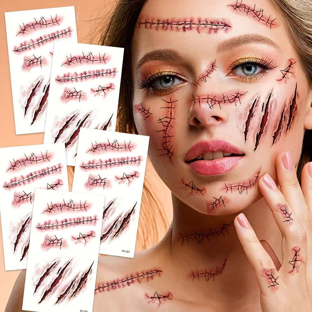20-Piece 3D Fake Scar Temporary Tattoos Set Pack - Realistic Look Horror Face & Body Makeup, Temporarily Applicable for Adult Halloween Cosplay Parties, Face Paint