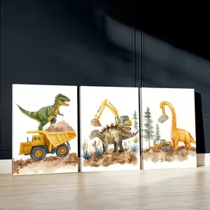 3pcs Dinosaur Themed Design Fun Wall Art, Construction Adventure Poster, Prehistoric Era Art Prints, Home Decor, Modern Wall Paintings, Cozy Canvas Posters Wall Arts, Decor for Living Room, Restaurant, Kitchen, Bedroom, Housewarming Gift, With Frame