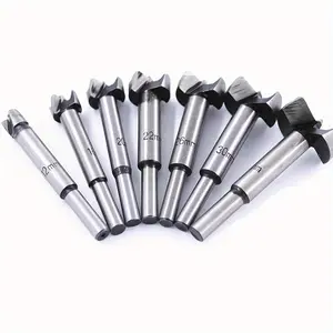 7pcs Premium Tungsten Carbide Forstner Drill Bit Set - High-Speed Woodworking Tool for Accurate Hole Drilling in Wood Slabs - Black Metal Finish, Carbon Steel Material, Round Shank, Flat Wing Design, Hole Opener, Auger Bit, and Cemented Carbide Tip