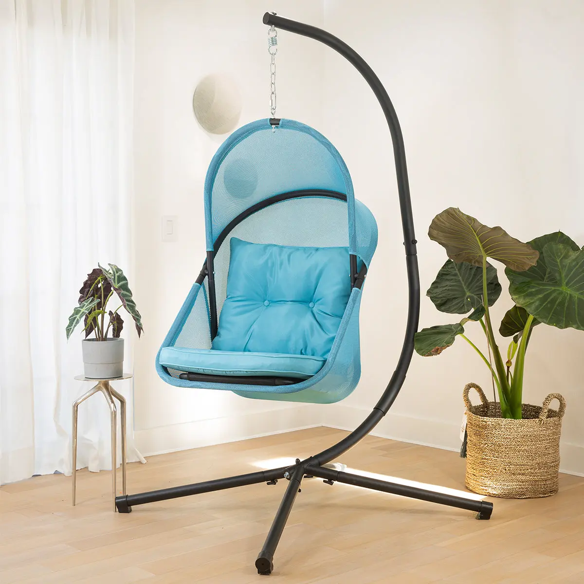 BARTON Single-Seat Indoor-Outdoor Collapsible Hanging Egg Chair - Powder-Coated Steel Frame, Canopy, Cushioned Curved Back, Polyester Mesh, Steel & Mesh Comfortable Seating for Backyard, Deck