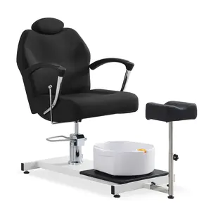 Pedicure Station Chair W/Footrest and Foot Basin, 360 Swivel Reclining Pedicure Chair w/Hydraulic Adjustable Height and Headrest - Black