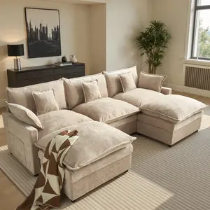【2 Packages Shipping】 CAODOC 108" U- Shaped Modular Sectional Sofa - Comfy Cloud 3-Seater with 2 Movable Ottoman, Deep Seat Chenille Couch for Living Room, Beige Color,Comfort &  Stylish Design