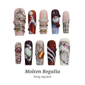 Lilynailsart | Maximalist Metallic Chrome Nails – 3D Gemstone Abstract Molten Metal Nails – Long Square Luxury Nails