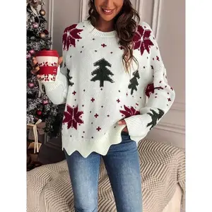 Women's Christmas Tree Print Scallop Trim Drop Shoulder Sweater Pullover, Casual Long Sleeve Round Neck Jumper for Fall & Winter, Ladies' Knitwear for Daily Wear
