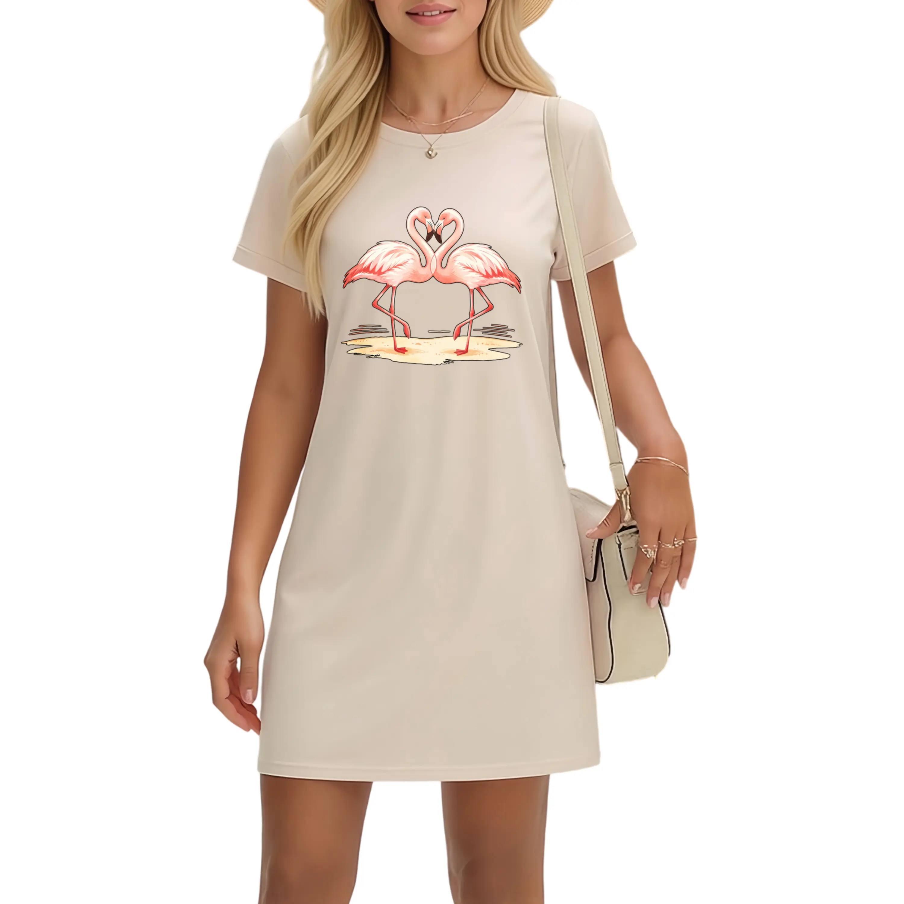 Women's Oversized T-Shirt Dress with Flamingo Couple Print – 100% Breathable Cotton, Crew Neck Casual Summer Essential