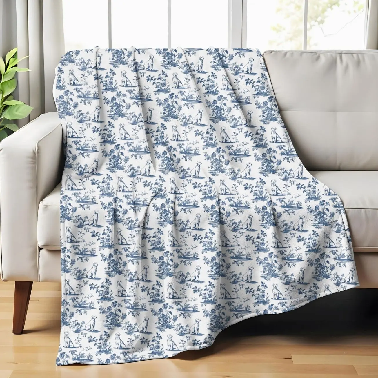 Yellow Labrador Toile Blanket - Blue French Toile de Jouy Cozy Throw for Lab Lover, French Country Bedding for Retriever Mom Dog Chinoiserie