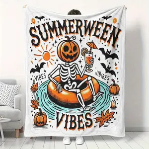 1pc Summer Halloween Skeleton Flannel Blanket - Soft Cozy Polyester Spooky Throw with Summerween Vibes Design, Halloween Aesthetic Decor for Sofa, Outdoor Camping, Machine Washable All-Season Blanket, Spooky Throws