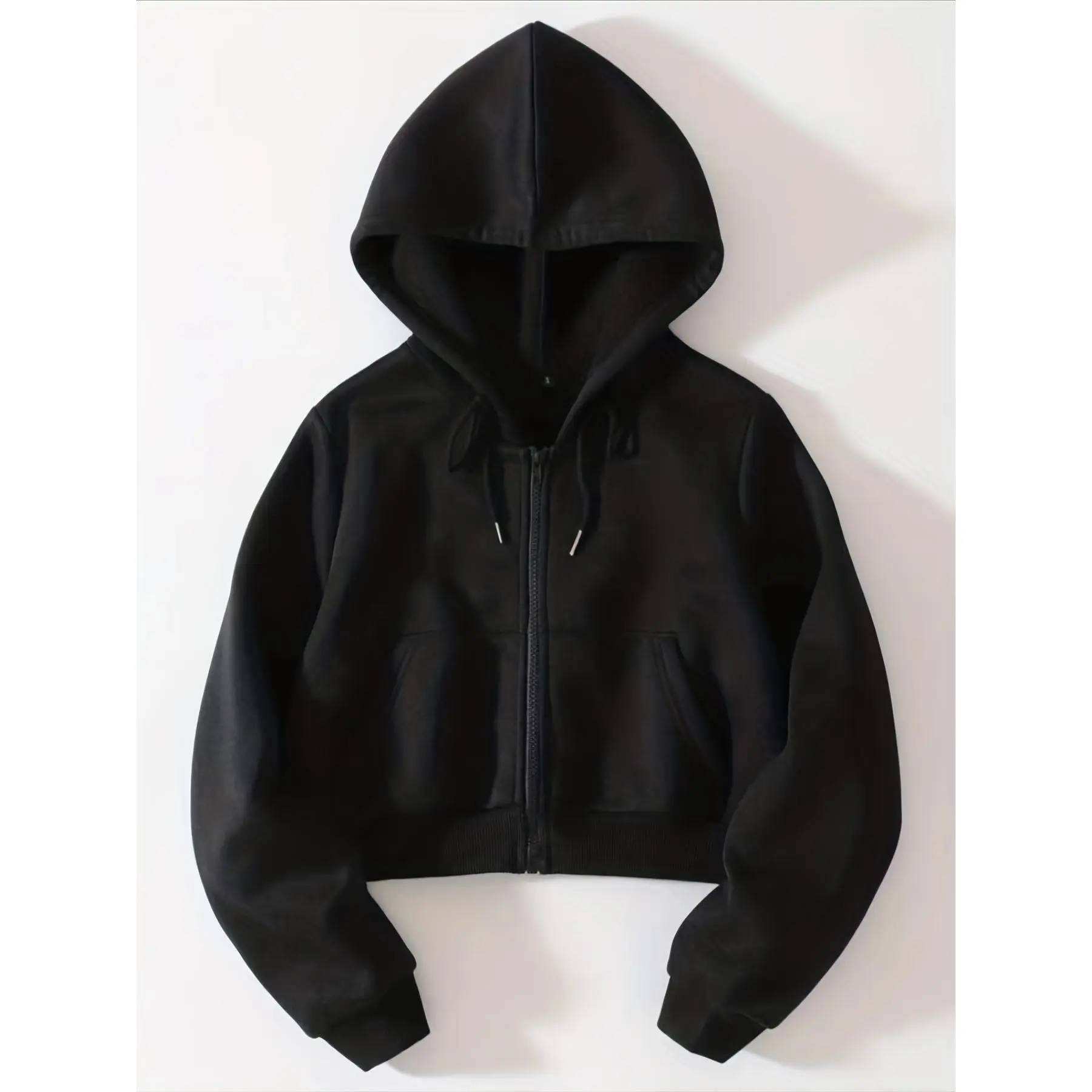 [Thermal-Lined Hoodie] Black Thermal-Lined Women's Zip-Up Hoodie |   Casual X-Silhouette Crop Fit with Adjustable Drawstring Hood & Front Zipper for Spring/Fall Layering |   Smooth Texture Fabric