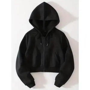 [Thermal-Lined Hoodie] Black Thermal-Lined Women's Zip-Up Hoodie |   Casual X-Silhouette Crop Fit with Adjustable Drawstring Hood & Front Zipper for Spring/Fall Layering |   Smooth Texture Fabric