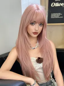 30 Inch Pink Extra Long Layered Hair Wig, Layered Haircut Wig, Very Long Syntehtic Straight Wig With Bangs, Silky Waist Heat-Resistant Fiber Hair Full Machine Wigs Synthetic Material Wigs For Women Daily Use Holidays, Perfect For Festival Party