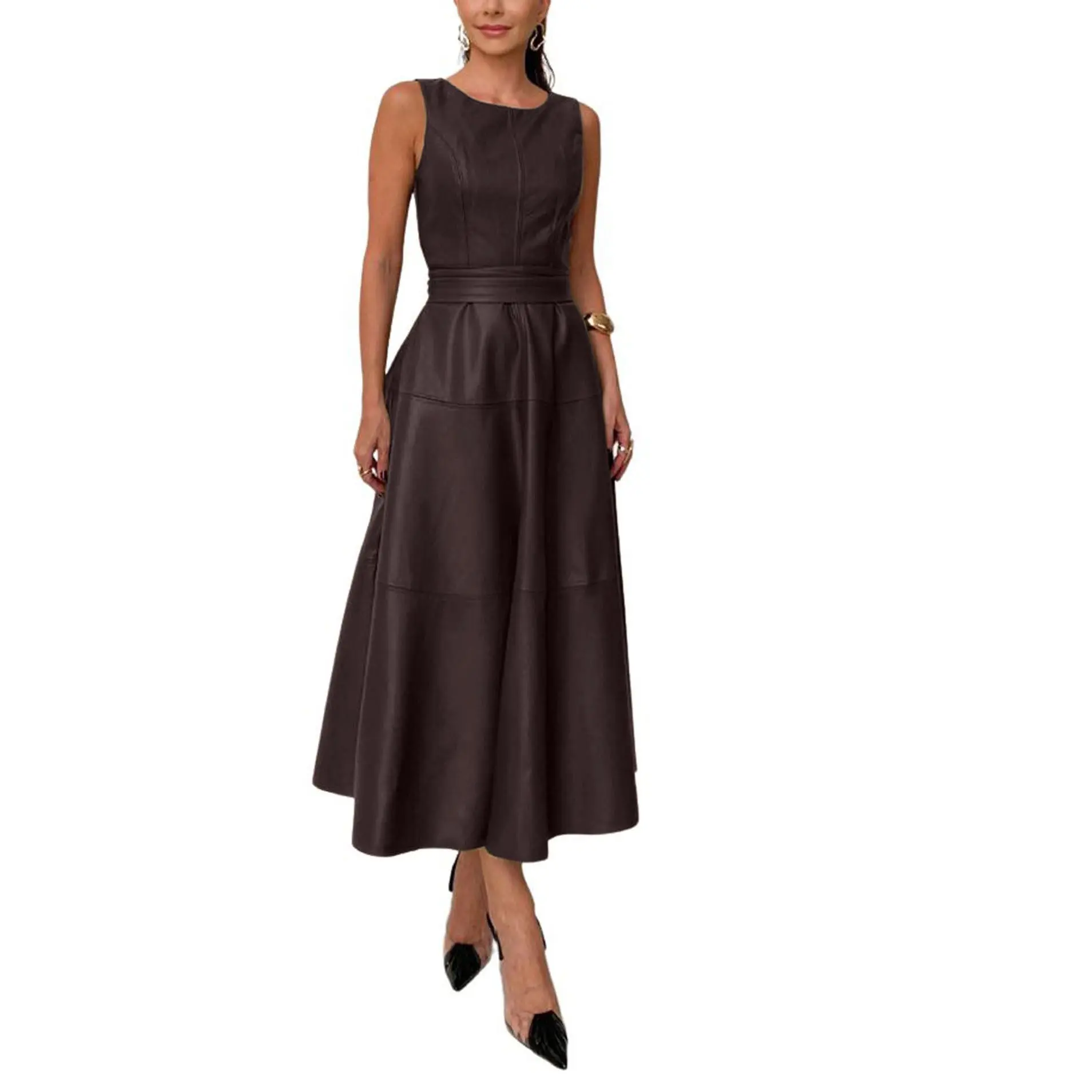 CHARTOU Women's Summer and Autumn Sleeveless PU Faux Leather Dress Elegant Flowing Maxi Dress with Belt - TikTok Shop CHARTOU Women's Summer and Autumn Sleeveless PU Faux Leather Dress Elegant Flowing Maxi Dress with Belt - TikTok Shop