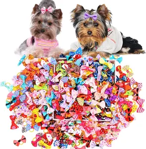 100PCS Cute Puppy Dog Small Bowknot Hair Bows,Yorkie Doggie Bows with Rubber Band Pet Grooming Bows Dog Hair Costume Accessories for Small Dog