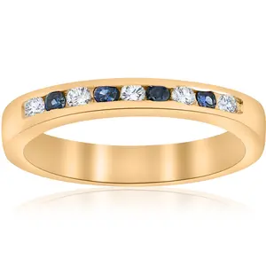 1/3ct Diamond & Blue Sapphire Anniversary Wedding Ring 14k Yellow Gold