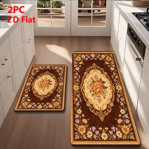 2/3 Piece Flannel Kitchen Mat Set, Vintage Rose & Grape Pattern, Non-Slip, Absorbent, Home Decor