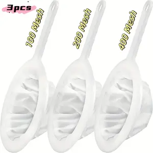 Set of 3 Ultra-fine Button Mesh Filters with Plastic Handles, Available in 100, 200, and 400 Mesh Sizes, Suitable for Filtering Soy Milk, Coffee, Yogurt, Juice, and Yogurt. These durable kitchen sieve filters are non-electric and suitable for outdoor use.