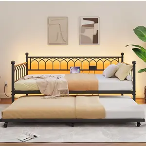 Gaomon Twin Daybed with Trundle - Modern Upholstered Bed, 2-in-1 Convertible Sofa Bed, Charging Station, RGB LED Lights, Space-Saving Metal Sleeper for Small Spaces, Apartments