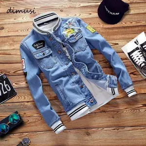 Men's denim jacket, fashionable torn denim bomb jacket, men's casual denim jacket clothing, jackets men Outerwear Cotton Menswear