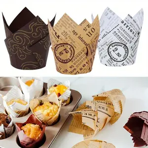 50pcs Newspaper Style Cupcake Liner Baking Cup Bakeware Baking Supplies For Wedding Party Caissettes Tulip Muffin Cupcake Paper Cup Oilproof Cake Wrapper