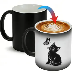 Thermosensitive Ceramic Mug - Black Cat Silhouette with Heart Handle - 11oz， Coffee Gift Idea, Ceramic Tea Mug,Creative Ceramic Gift Mugs, Birthday Gifts Mug