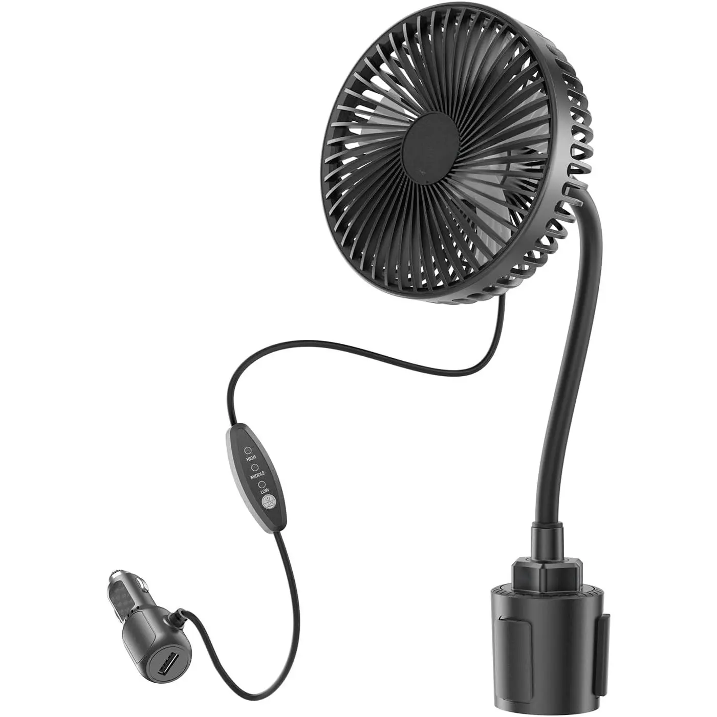 12V  fan, 3-Speed Portable Vehicle Cooling Fan for Front Seat, Cigarette Lighter Powered with  Charger, Mounted in Cup Holder, 360° Rotation,  Necessities for Dog/SUV/RV/Truck/Van car phone
