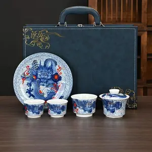 Large Ceramic Gaiwan Kung Fu Tea Set with Lid Blue-and-White Tea Bowl Set in Elegant Dragon Design Gift Box