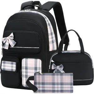 Girls Backpack,3pcs Backpack with Lunch Box Pencil Case Set 15.6 Inch Laptop School Bag   Elementary College Bags Large Bookbag for Teen Women Students Casual Travel Daypacks Black