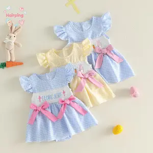 Easter Toddler "I Love Jesus" Gingham Dress - Vibrant Blue/White Checkered Bow Bodysuit, Breathable Soft Fabric, High Value Holiday & Church Outfit