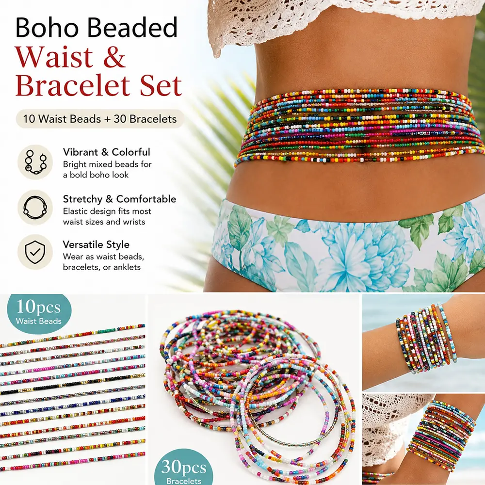 40Pcs Bohemian Colorful Acrylic Beads Chain Set Ethnic Handmade Beads Vibrant Multi-layer Elastic Waist Chain Vintage Stackable Bead Bracelets Beach Party Vacation Wearing Body Chain Accessories for All Seasons