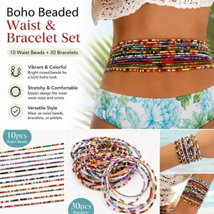 40Pcs Bohemian Colorful Acrylic Beads Chain Set Ethnic Handmade Beads Vibrant Multi-layer Elastic Waist Chain Vintage Stackable Bead Bracelets Beach Party Vacation Wearing Body Chain Accessories for All Seasons