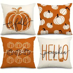 4pcs autumn pillowcases Hello Pumpkin Throw Pillow Set - Autumn Orange and White Pumpkin Throw Pillow Set, Thanksgiving Harvest Farmhouse Sofa Car Decor, Single-sided Printing, Without Pillow Core