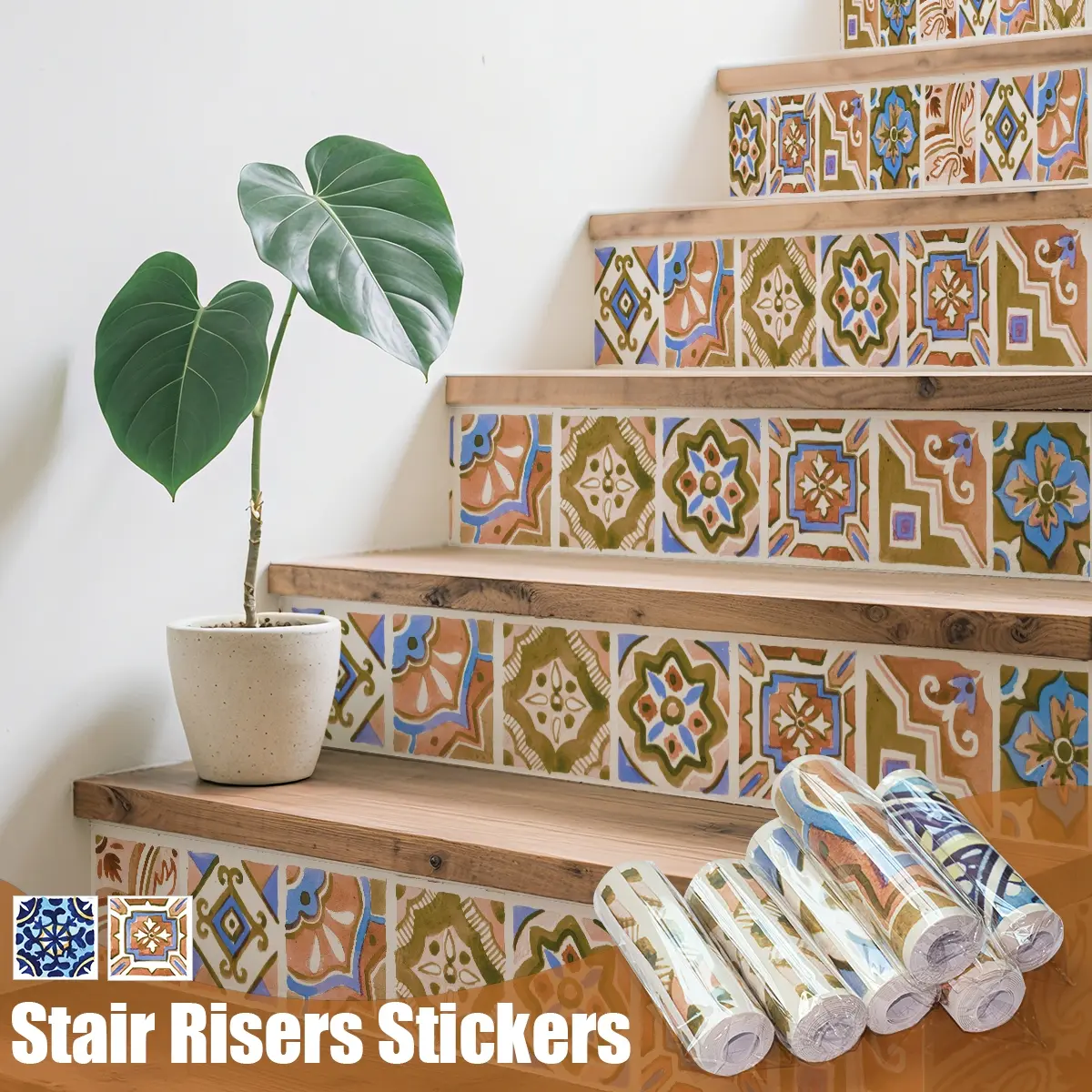 4pcs Geometric Pattern Vintage-Style Stair Decals Self-adhesive peel-and-stick design Easy to cut and connect Ideal for DIY decor on entryway walls, cabinet surfaces, and more Transform your home with versatile sizing options, Decorative Sticker