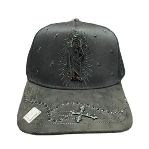 Hat San Judas All Black Rosario Crystals Edition with Embroidered Cross and Star Details