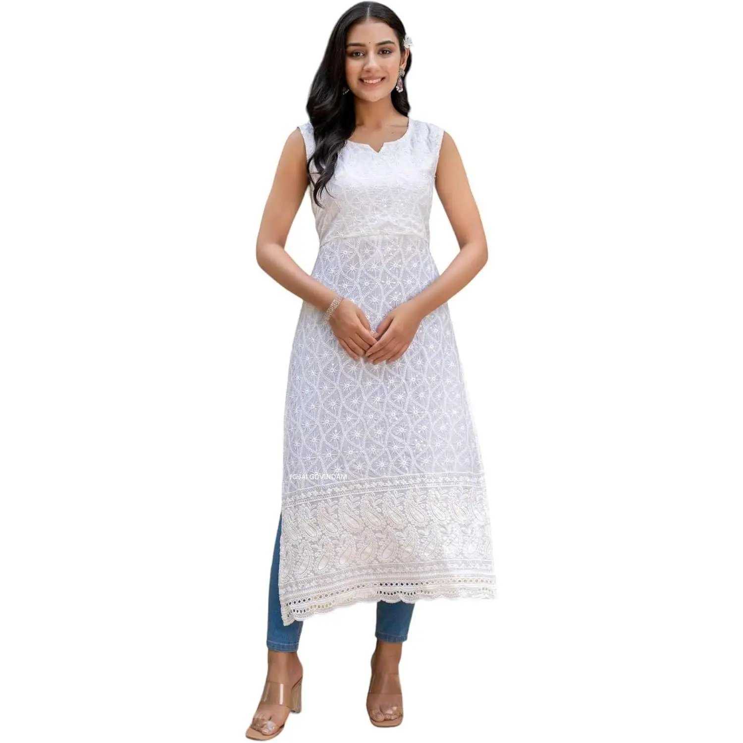 Pure Cotton Sleeveless Lucknowi Chikankari Kurtis For Women Indian Style Casual Long White Straight Kurti